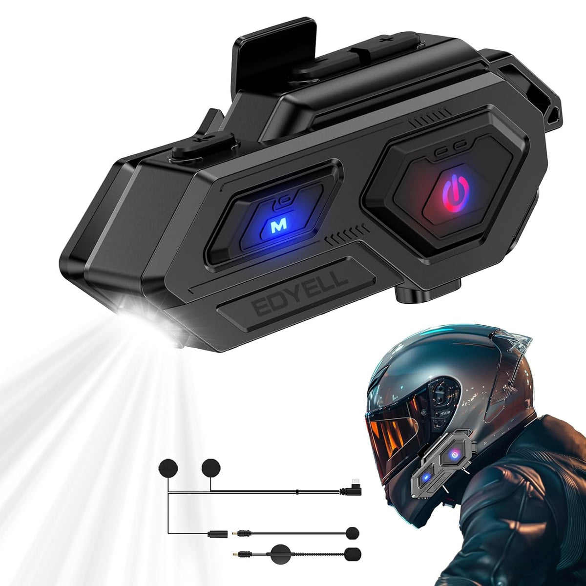 EDYELL C8 Motorcycle Bluetooth Headsets, LED Emergency Light