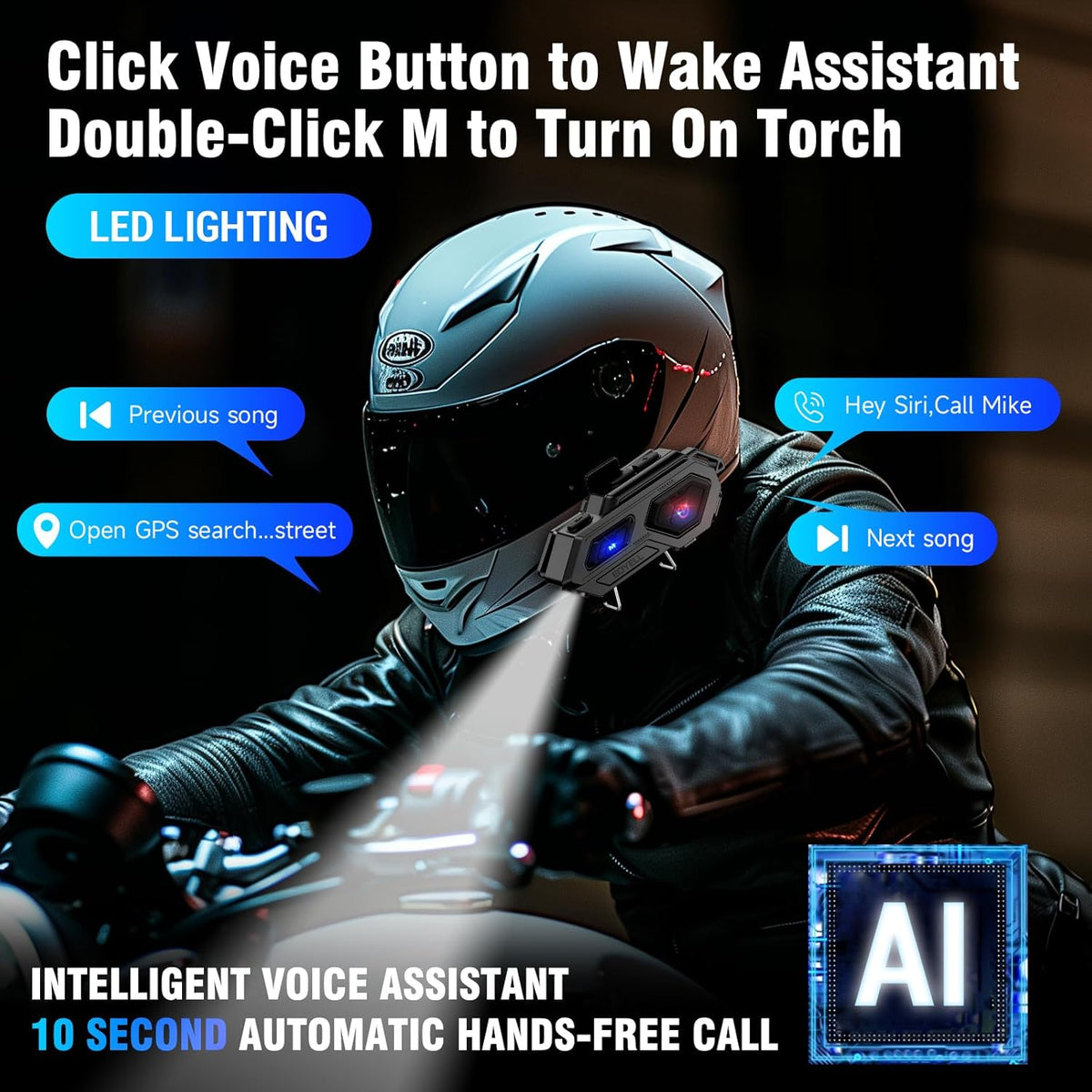 EDYELL C8 Motorcycle Bluetooth Headsets, LED Emergency Light