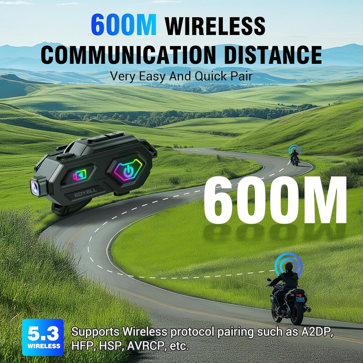 EDYELL C8 Max Motorcycle Bluetooth Intercom Headset,LED Emergency Lights,