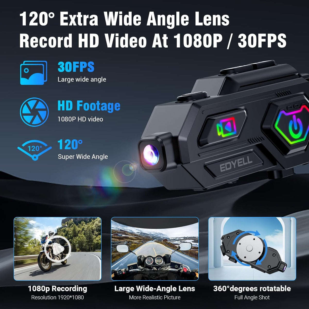 EDYELL C8 Max Motorcycle Bluetooth Intercom Headset,LED Emergency Lights,