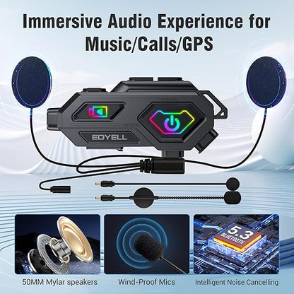EDYELL C8 Max Motorcycle Bluetooth Intercom Headset,LED Emergency Lights,