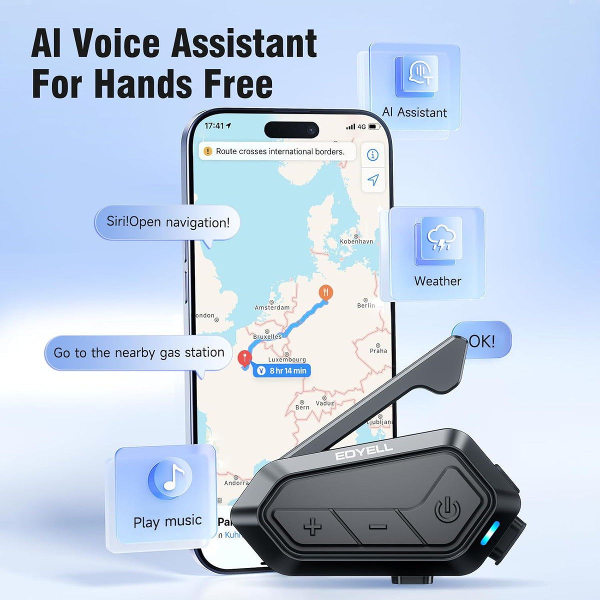 EDYELL Motorcycle Bluetooth Headset,V1 Motorcycle Helmet Speaker,24 Riders 2Km